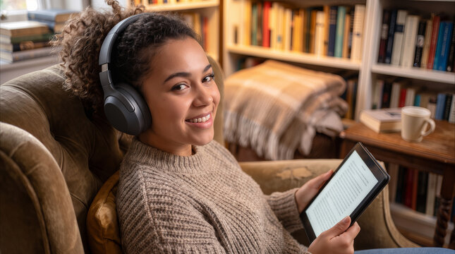 Student with curly hair wearing wireless headphones and holding electronic reader in home library. Young woman relaxing in armchair while listening to audiobook or music in cozy room with bookshelves.