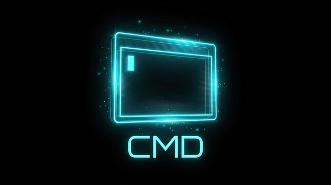 Glowing Cyan CMD Command Line Interface on Black Background with Particles