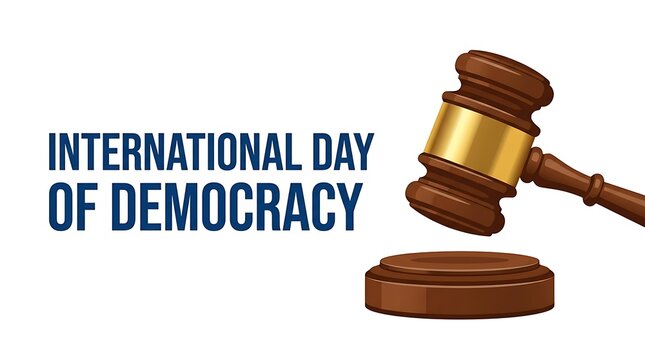 A wooden judges gavel resting on a sound block with the text international day of democracy on white background