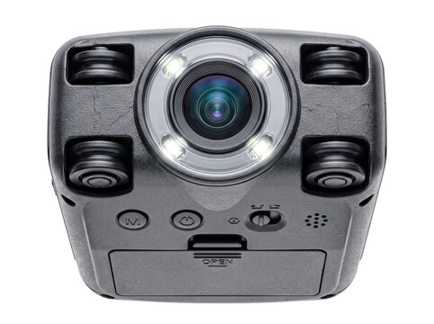 Compact body camera video recorder with ring LED light, front view isolated on black background for security surveillance, dashcam monitoring, evidence gathering, safety gear, and portable technology.