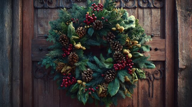 festive holiday wreath on wooden door