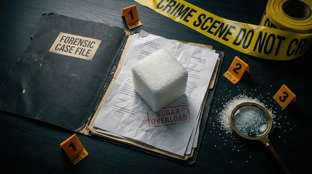 Forensic case file with sugar cube, evidence marker, magnifying glass, and caution tape suggesting sugar overload investigation