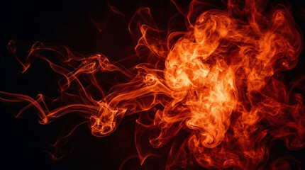 Fototapeta premium Fiery orange and red smoke clouds swirling dynamically on a dark black background, abstract fire flame effect graphic design texture.