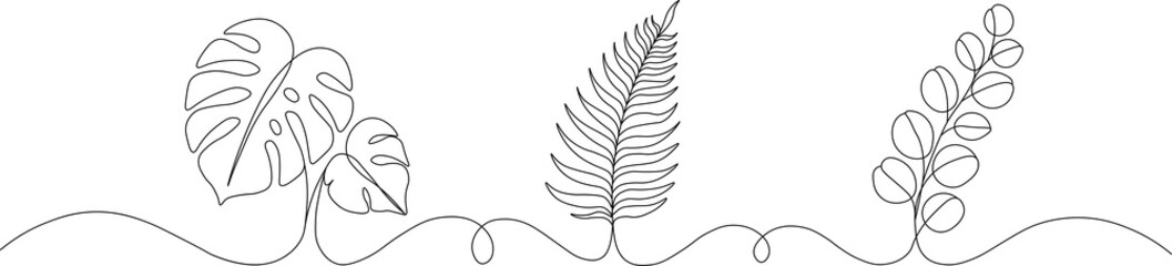 Modern continuous one line art of tropical and native leaves: Monstera, fern, eucalyptus. White background vector. © โยธิน ทุมจีน
