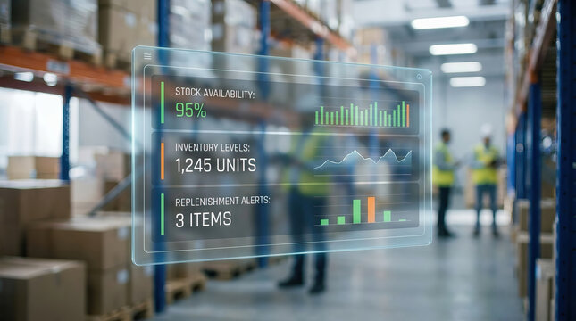 Inventory management interface displays stock availability, inventory level, and replenishment alert inside modern warehouse