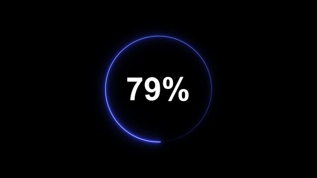 Glowing blue circular progress bar animation with 79 percent loading indicator on black background circle