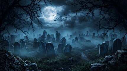 Fototapeta premium Spooky halloween graveyard at night with full moon fog headstones bare trees flying bats cemetery graveyard halloween tombstones