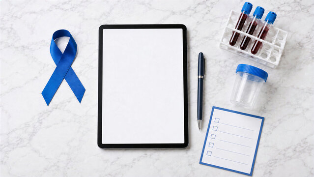 Men's Health Laboratory Screening with Tablet Mockup and Blue Ribbon