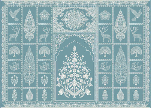 Traditional Indian Mughal Arch Pattern with Floral Motifs - Luxury Teal Wall Mural and Wallpaper
