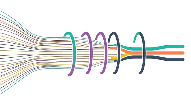 Abstract data aggregation concept with converging lines and cables in a minimalist vector graphic