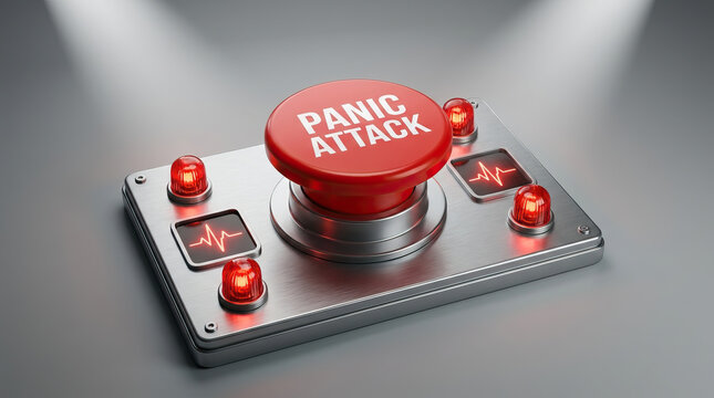 Panic button representing emergency alert and anxiety response, featuring red illuminated control on metallic panel for urgent warning communication and safety concept