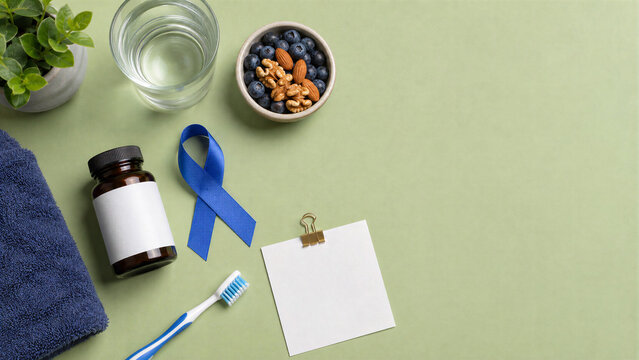 Movember Wellness Flat Lay with Blue Ribbon Nutrition and Daily Health Routine