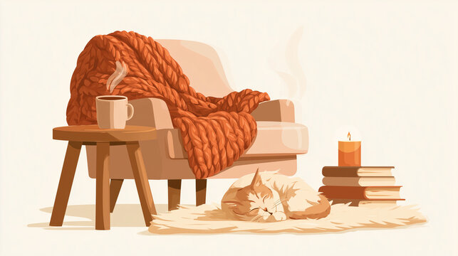 Schematic vector illustration of winter hygge interiors, armchair, knit blanket, steaming mug, sleeping cat, candle and books, in a cozy still-life layout