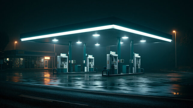 Modern gas station at night with bright canopy lighting illuminating empty fuel pumps, cinematic urban atmosphere, wet asphalt reflections after rain