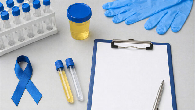Urine Test and Men's Health Screening Flat Lay with Blue Ribbon