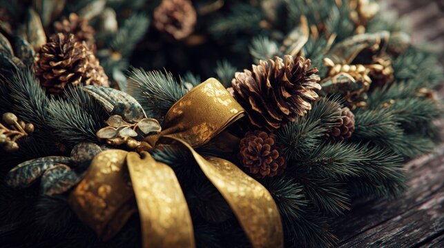 festive holiday wreath with pinecones and golden ribbon