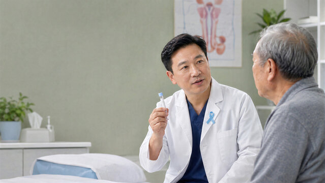 Urologist Explaining Urine Test to Senior Male Patient During Checkup