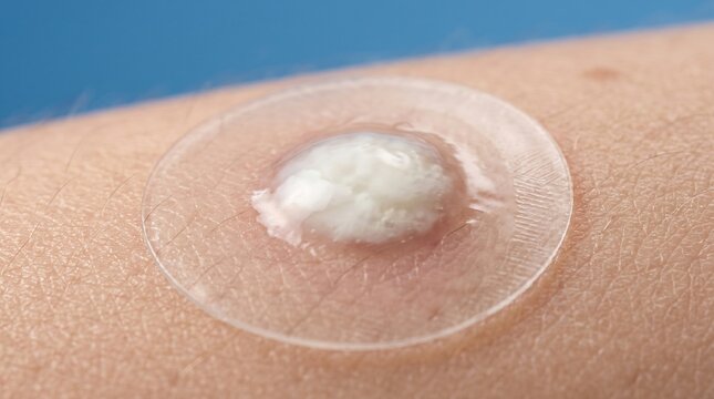 Extreme close up of a hydrocolloid pimple patch on skin filled with white pus, acne treatment and healing process