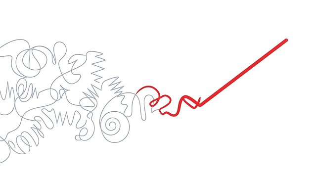 Abstract line art showing a transition from chaotic scribble to organized straight lines representing growth and strategy
