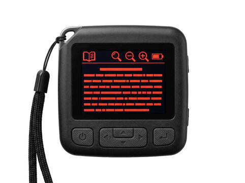 Compact portable ebook reader digital device displaying red pixel text on screen for reading electronic books, retro tech gadget with lanyard and navigation buttons isolated on black background.