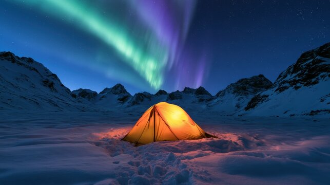 Glowing camping tent beneath vibrant aurora borealis over snowy winter mountains at night with illuminated tent