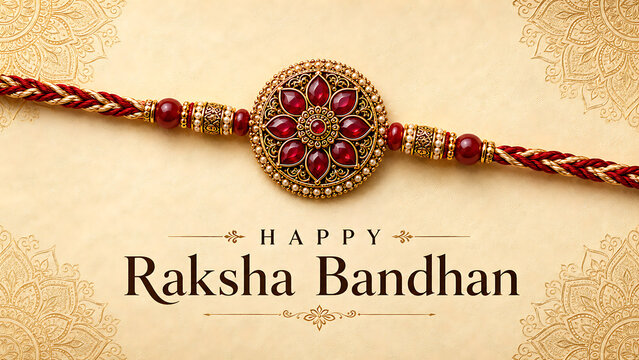 Artistic happy raksha bandhan background design displaying an exquisite traditional rakhi crafted with bright red gemstones over elegant subtle glowing mandala patterns