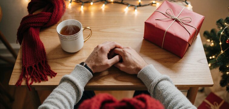 Cozy moment of wrapping Christmas presents with a warm drink, featuring hands resting on a wooden table under twinkling lights.
