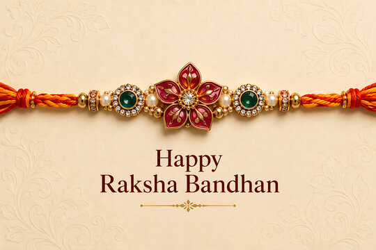 Minimalist happy raksha bandhan festive design presenting gorgeous red floral rakhi with orange thread centered on pale glowing background with subtle textures