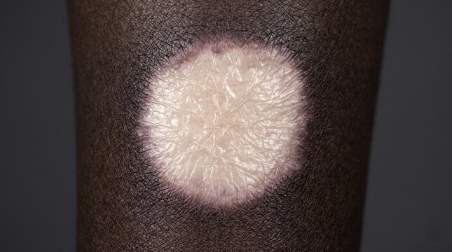 Close up of dark skin with circular pale scarred patch, post-inflammatory hypopigmentation, ringworm or healed burn lesion