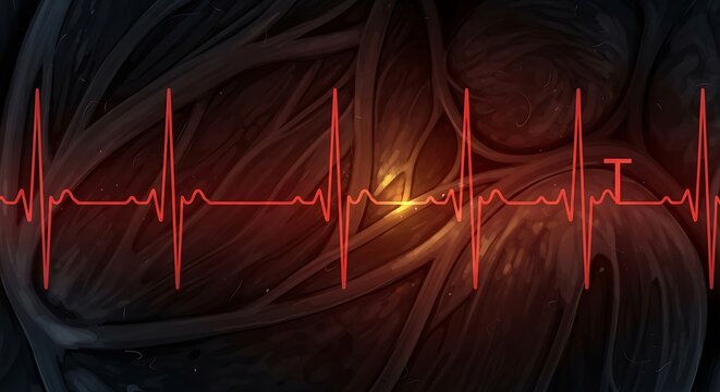Red heartbeat ekg line on dark organic background