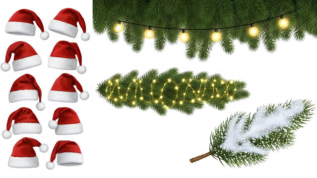 Set of red santa hats and festive christmas tree garland branches