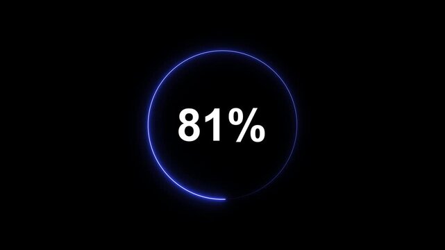 Digital loading circle progress bar animation with 81 percent counter, glowing neon blue ui for technology and software interface