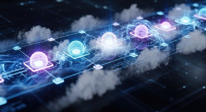 A futuristic digital network displays interconnected glowing spheres and data streams across a dark, cloudy background.