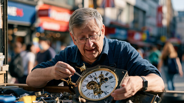 A clockmaker stands alone against a bustling urban streetscape, restoring a Victorian bracket clock with fine tweezers, storefronts and commuters blurred behind the workshop window, meticulous horol