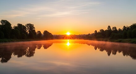 Obraz premium The sun rises over a calm lake, creating a stunning reflection of the vibrant colors in the sky. Trees line the shore, their silhouettes adding depth to the scene.
