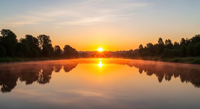 The sun rises over a calm lake, creating a stunning reflection of the vibrant colors in the sky. Trees line the shore, their silhouettes adding depth to the scene.