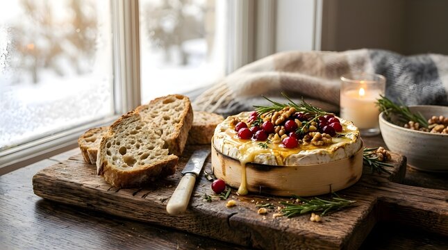 Warm baked camembert topped with cranberries, walnuts and rosemary served with sliced sourdough on a rustic board by a candlelit window, evoking cozy winter, holiday and entertaining moments.