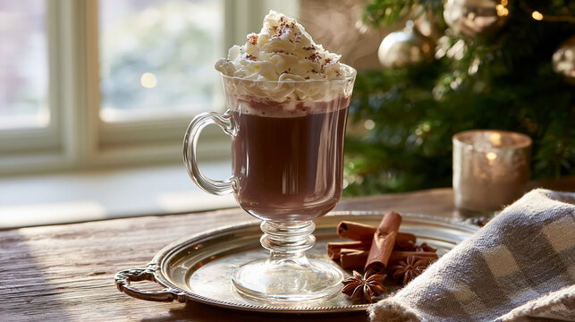 Hot chocolate mug with whipped cream, cocoa dusting, cinnamon sticks, and star anise on a silver tray beside a Christmas tree