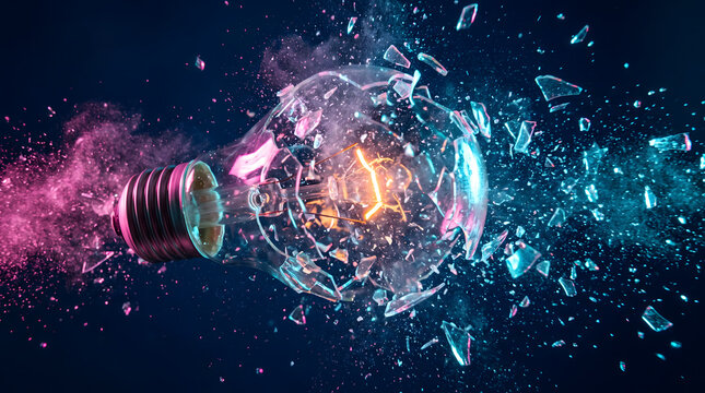 Exploding light bulb with colorful glass shards and smoke in dramatic dark background