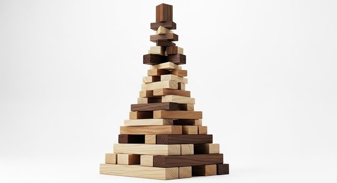 A tall, precarious wooden tower is constructed from interlocking wooden blocks. The tower is predominantly brown and tan, with a layered, pyramidal structure.
