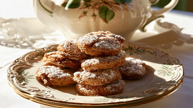 Cookies with powdered sugar arranged on a decorative vintage plate, ready for a cozy afternoon tea with a teapot in soft sunlight