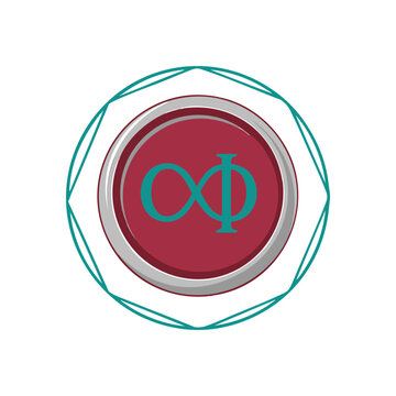 Abstract circular emblem featuring infinity and phi symbols in teal on a maroon background.