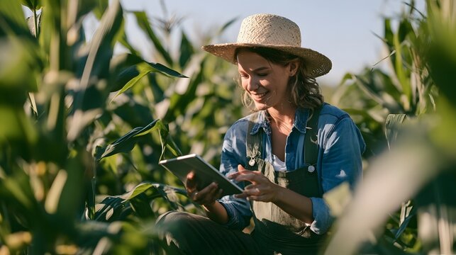 Woman farmer inspecting corn crop with digital tablet, analyzing plant health and growth data, showing modern agriculture technology and smart farming