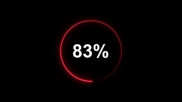 Red neon circular loading progress bar animation with 83 percent counter on black background, circle ring