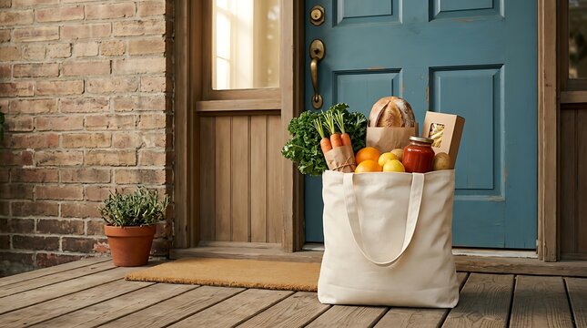 A natinal rando grocery delivery placed on a front porch featuring a canvas bag filled with fresh organic vegetables and artisanal bread items.