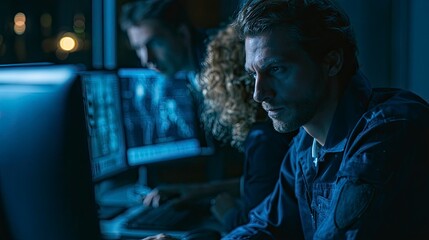 Obraz premium Cybersecurity professionals working on computer in high-tech security operations center