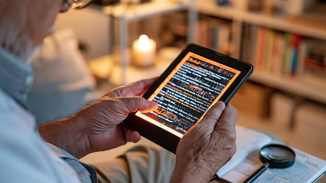 Close-up of elderly pathologist hands in a candlelit reading corner holding a well-worn e-reader displaying a digital library title, a magnifying loupe resting nearby on a lab notebook, the warm int