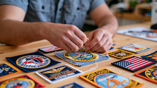 Coast guard insignia patches arranged on a wooden table in a modest home, an autistic adult carefully stitching uniform details with focused precision, close up of steady capable hands threading nee