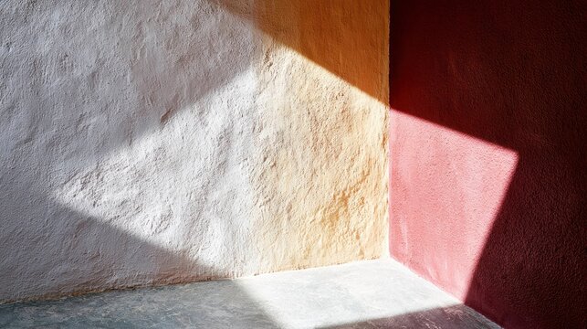 Abstract wall with colorful geometric shadow play and textured surface