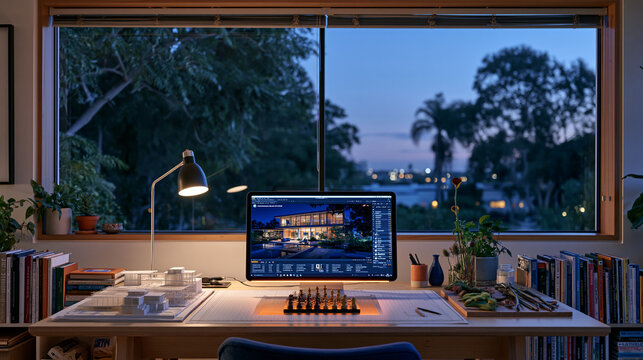 Landscape architect twilight workspace featuring a drafting table with an online chess tournament paused mid-game on a glowing tablet, architectural models and plant specimens arranged around it as 